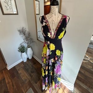New never worn 100% Silk plunge maxi dress with jewel embellishments